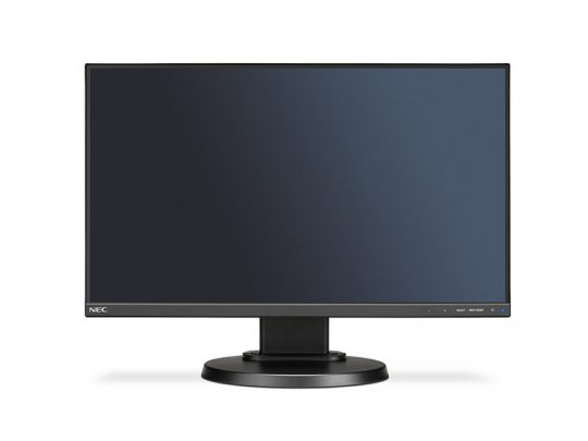 NEC Flachbildschirm-Monitor mit schwarzem Rahmen und rundem Standfuß vor weißem Hintergrund; das Display ist ausgeschaltet, links unten am Rand befindet sich das NEC-Logo.