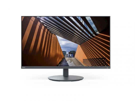 Computer-Monitor zeigt das Bild eines modernen architektonischen Gebäudes mit orangefarbenen Wänden, einem Gitterdach, das Schatten wirft, sowie Blick auf Himmel und Stadt im Hintergrund. Produktname: Computer-Monitor. Ideal für Architektur- und Design-Präsentationen - gestochen scharfe Darstellung von Farben und Details.