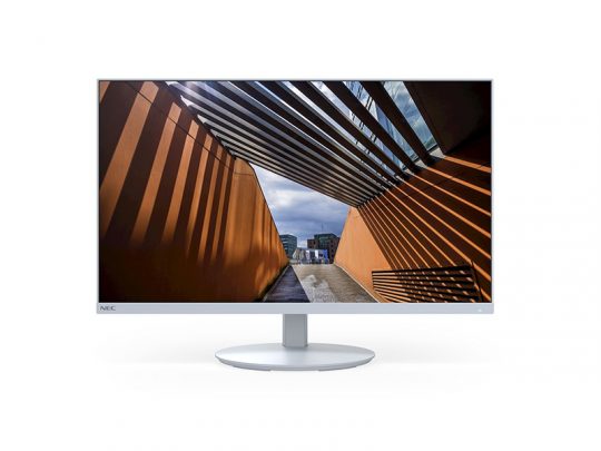 NEC Flachbildschirm-Monitor zeigt ein Bild eines modernen Gehwegs mit orangefarbenen Wänden und darüberliegenden Metallslatten, die gestreifte Schatten werfen; im Hintergrund teils bewölkter Himmel. Das Produkt ist ein hochwertiger NEC Computer Monitor für gestochen scharfe Bilddarstellung.