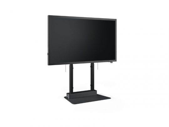 ErgoView 32 Zoll Monitor auf höhenverstellbarem schwarzen Standfuß, breite Basis, vor weißem Hintergrund.
