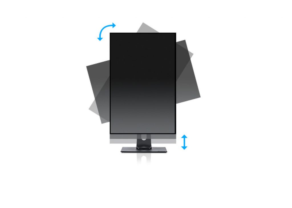 27 Zoll UHD Monitor iiyama XUB2792UHSU-B6 vertikal, blaue Pfeile zeigen Höhen- und Neigungsverstellung, Schatten verdeutlichen Neigung.
